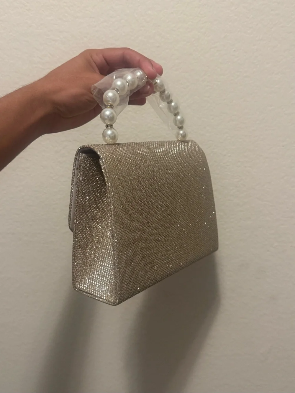 Sparkle Pearl Handle Evening Clutch in Champagne